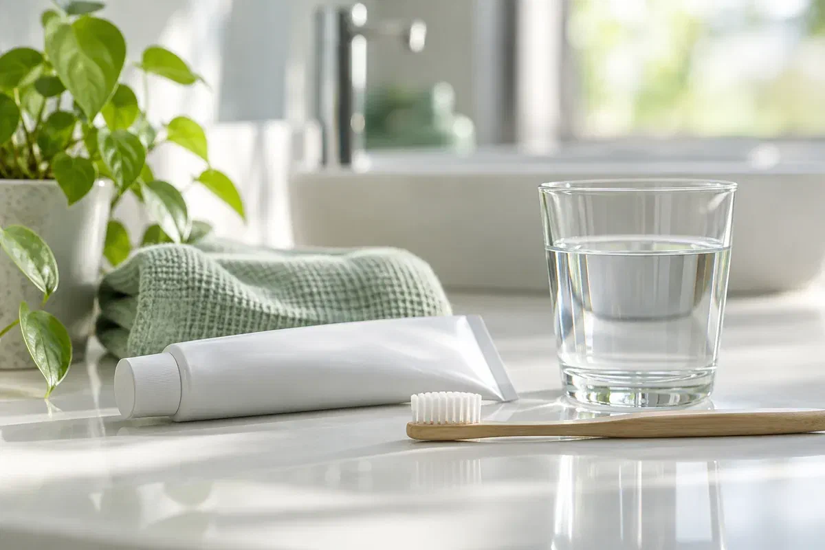 Illustrative soft toothbrush, toothpaste, and drinking water for gentle daily care
