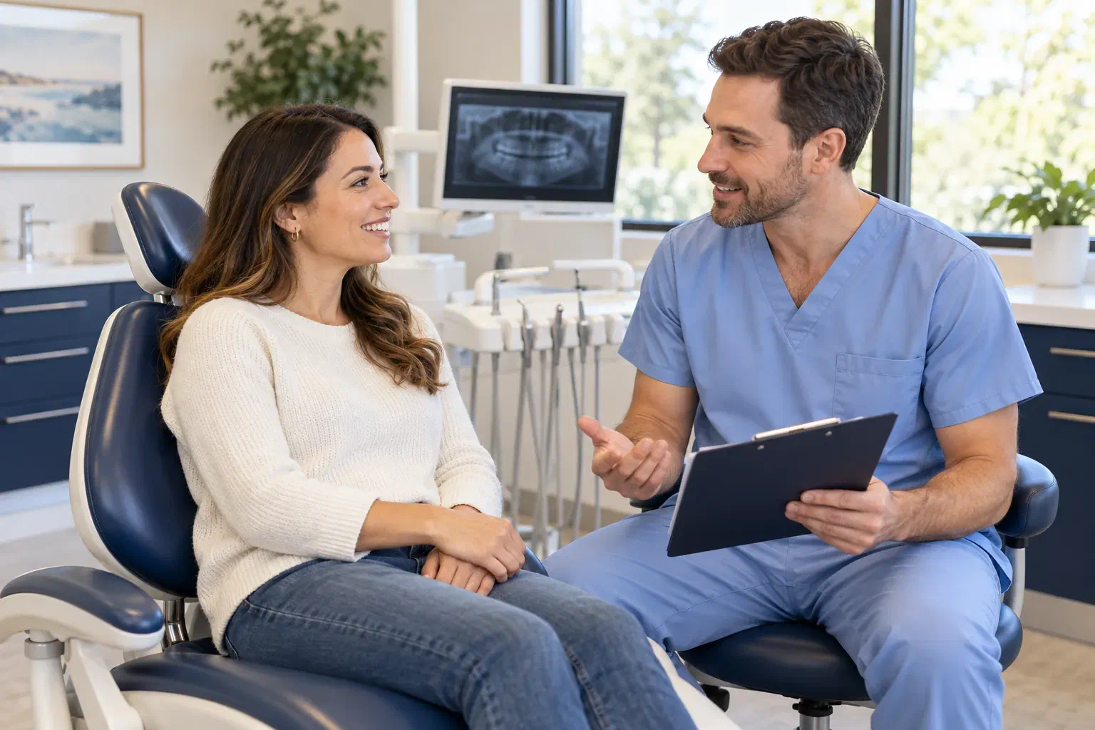 A patient and dentist discussing the plan before a dental examination