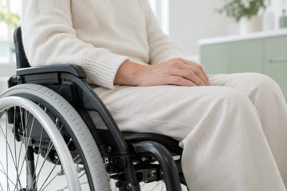 Illustrative close view of a wheelchair user's hands resting beside a push rim