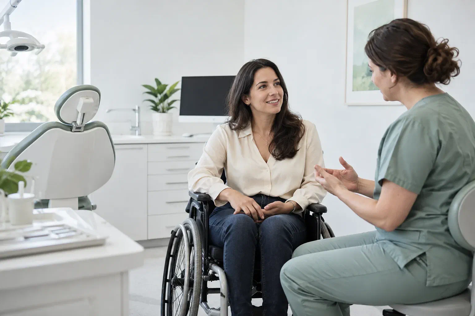 Illustrative wheelchair user speaking directly with a seated dental clinician