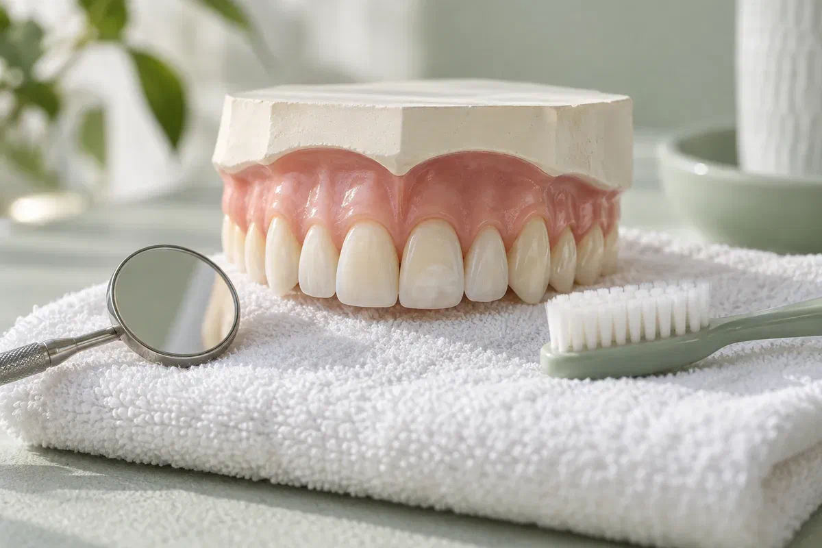 Illustrative dental teaching model with a subtle white enamel patch beside a mirror and toothbrush