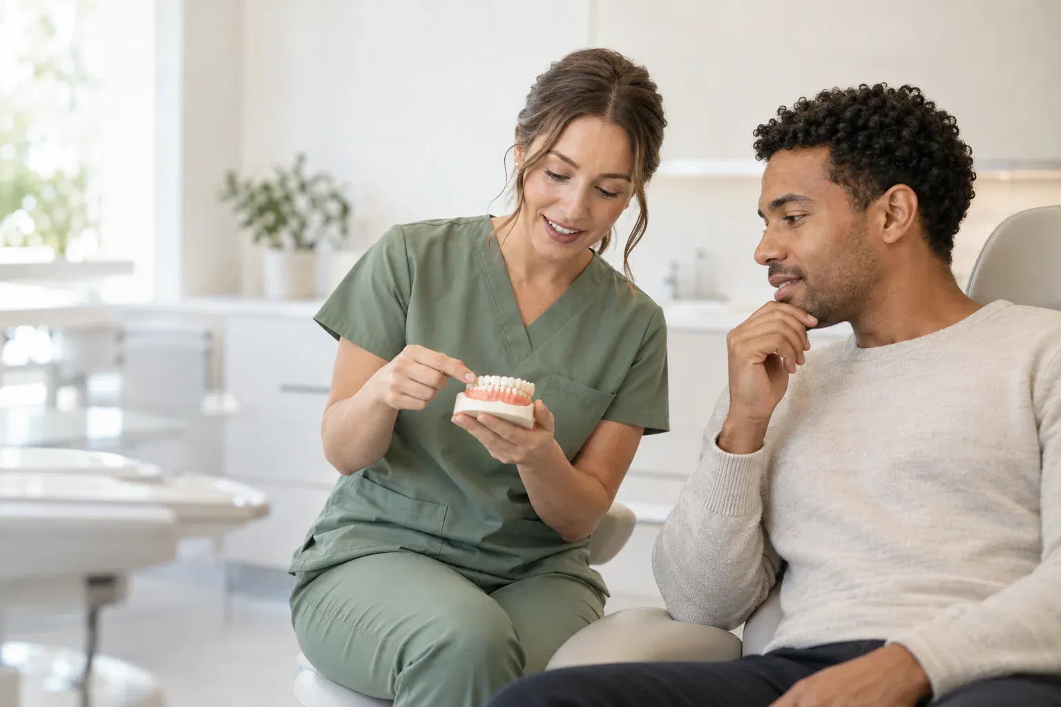 Illustrative clinician and patient discussing a tooth model during an enamel assessment