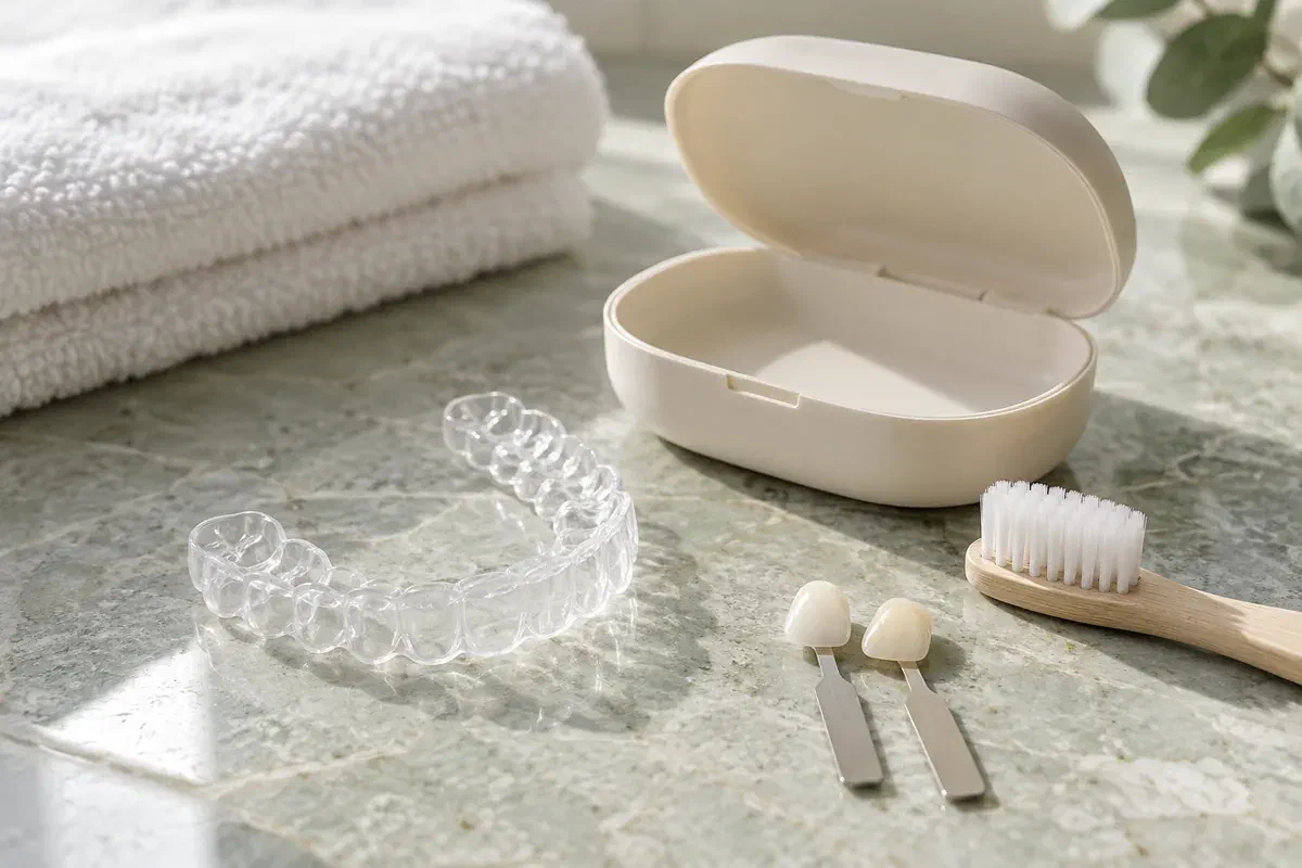 Illustrative empty whitening tray, open case, soft toothbrush, and natural shade samples