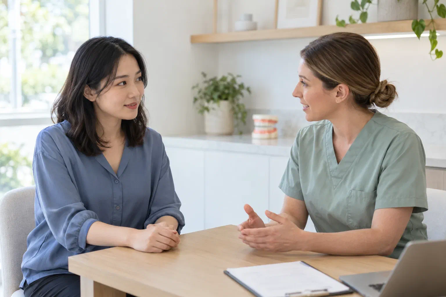 Illustrative patient discussing pain near a wisdom tooth with a dental clinician